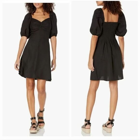 The Drop Nala Milkmaid Peasant Linen Puff Sleeve Mini Dress in Black Size Small - Picture 1 of 10
